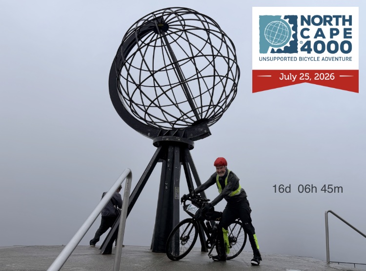 August 2026 - Klaus at the the North cape globe with Northcape4000, saying 16 days, 6 hours and 45 minutes.